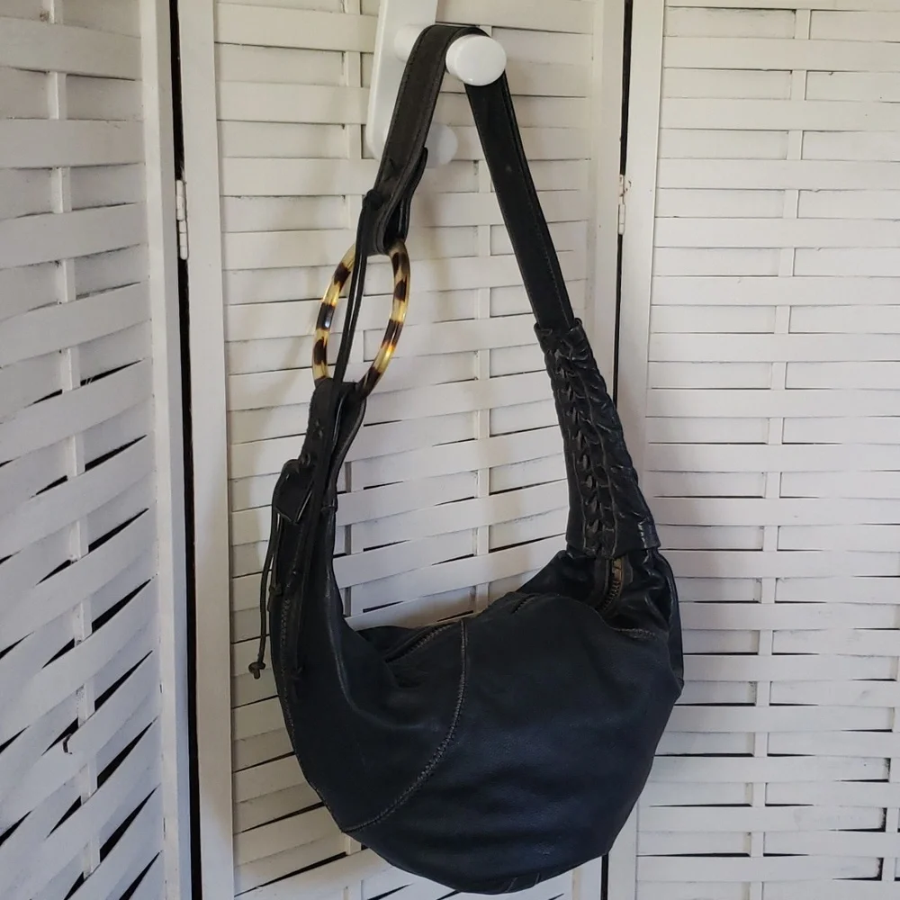 Agatha Blois Black Distress Leathet Shoulder Bag with Tortoiseshell Accent